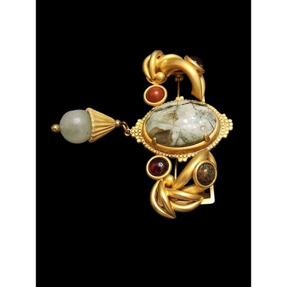 Unsigned Verified Natasha Stambouli 24kt Gold Plated Semi Precious Dangle Brooch - Picture 3 of 7